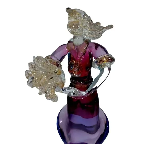 Vintage XL Murano Glass Woman Flower Bouquet Figurine Green Purple Pink 24k Gold - Picture 3 of 14